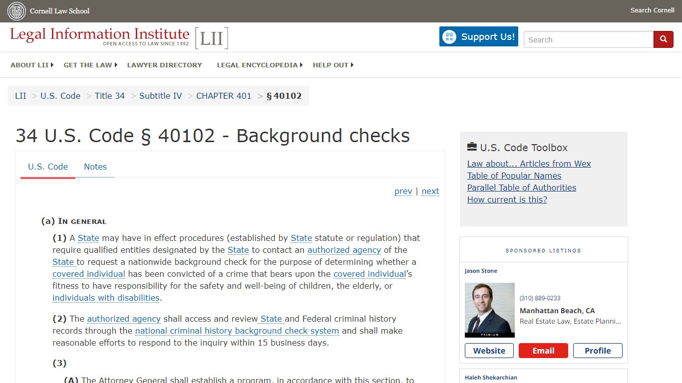 34 U.S. Code § 40102 - Background checks | U.S. Code | US Law | LII ...